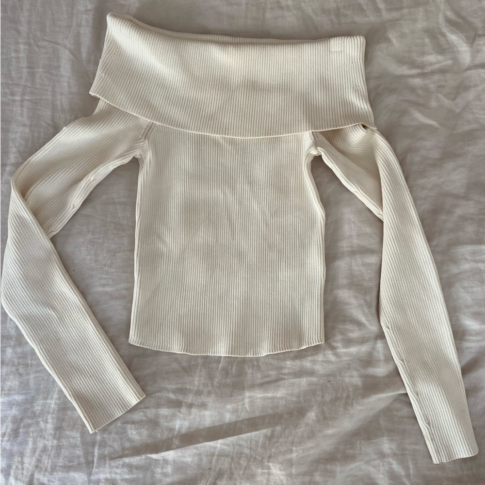 & Other Stories Off-The-Shoulder Cream Ribbed Long Sleeve Top